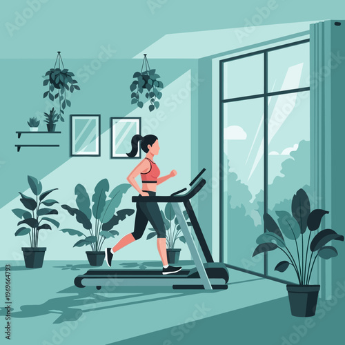 Woman running on treadmill at home gym surrounded by plants, healthy lifestyle