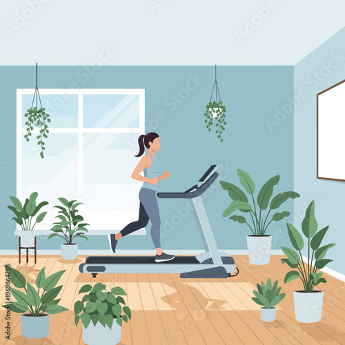 Woman running on treadmill at home gym surrounded by lush green houseplants