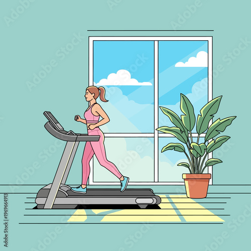 Woman running on treadmill at home, healthy lifestyle, fitness and exercise
