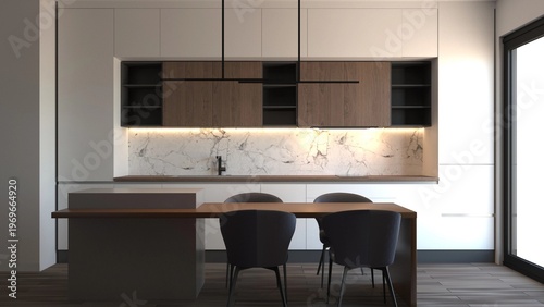 Modern kitchen with minimalist design, featuring white cabinets, wood accents, marble backsplash, subtle lighting, black chairs, and sleek fixtures in a calm, elegant mood