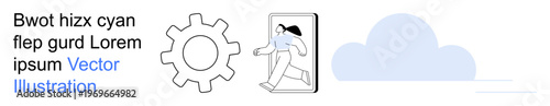 Business growth, technology, process improvement, cloud computing, innovation, teamwork. Gear symbol, person stepping through door cloud shape. Business growth and technology