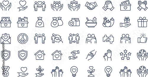 Community Support, Charity, and Social Welfare Icons Set Featuring Hands, Heart, Donation, Protection, and Family Care for Nonprofit, Social, and Health Designs