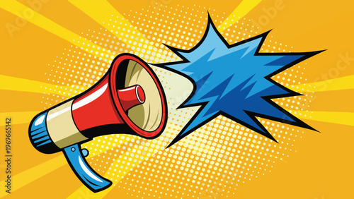 Megaphone makes loud sound in brightly colored design with dynamic effect in bold comic style