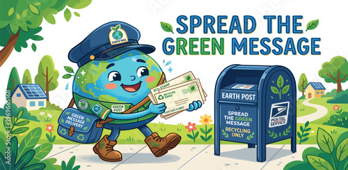 Spread the Green Message A Friendly Globe Character Delivers Mail for Environmental Awareness
