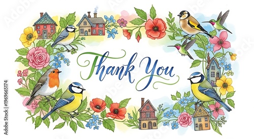 Colorful thank you card with houses and flowers for a cheerful message