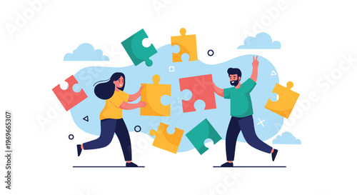 Happy man and woman working together to assemble large colorful puzzle pieces representing teamwork and problem solving success.