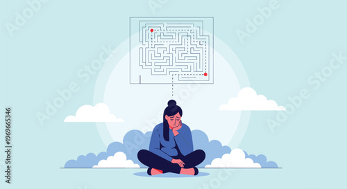 Thoughtful young woman sitting in a meditative pose with a complex maze thought bubble representing confusion or mental health.
