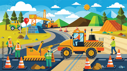 Workers repair a road using heavy machinery in a construction area on a sunny day with mountains in the background