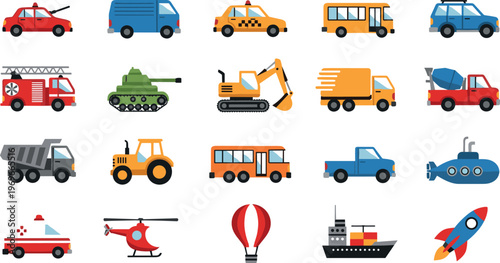 Collection of Colorful Vehicles Including Cars, Trucks, Buses, and Airplanes for Transportation and Adventure Themed Illustrations