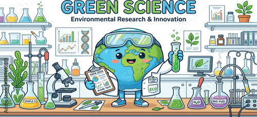 Animated Earth character as a scientist in a laboratory, dedicated to environmental research, green innovation, and developing sustainable solutions for the planet