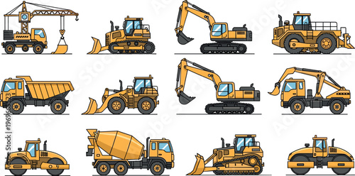 Collection of Construction Machinery Including Excavators, Dump Trucks, and Cement Mixers for Industrial and Building Project Illustrations