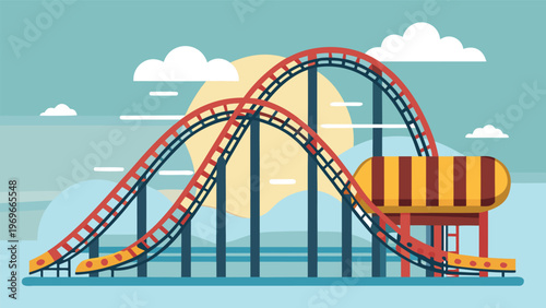 Colorful roller coaster rides through the sky at an amusement park in the afternoon sun with clouds and hills in the background