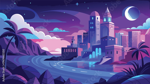 Colorful night scene with buildings, water, and palm trees near a coast in a city during evening hours