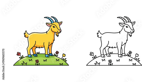 Cute Cartoon Goat on a Hill Illustration with Coloring Page Outline, Vector Goat Character for Kids Education and Coloring Book Activity, Farm Animal Mascot Drawing