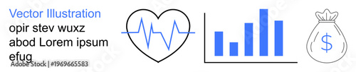 Finance, medical trends, data analytics, investment, economic health, savings planning. Heartbeat, bar graph and money bag outlined in blue. Finance and medical trends visual