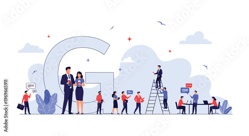 Large group of diverse professionals networking and working around a massive letter g representing global business or goals.