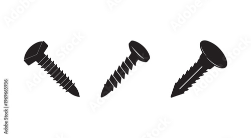 Screws with different thread types and head shapes for construction and repair isolated on white background