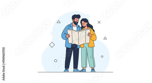 Young couple holding and examining a large paper map together while planning their next travel adventure or vacation trip.