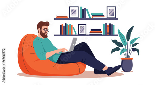 Focused man with a beard and glasses working on his laptop while relaxing in a comfortable orange beanbag chair at home.