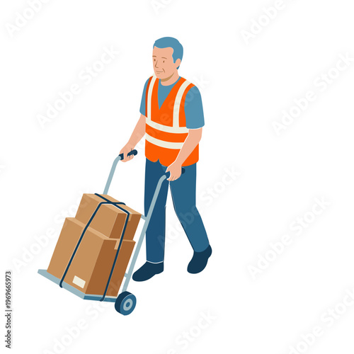 Man pushing a loaded dolly with boxes in a warehouse setting