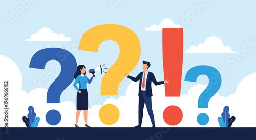 Woman shouting through a megaphone at a confused man surrounded by giant question marks and a red exclamation point.