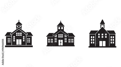 Set of black and white illustrations of school buildings with towers and windows  educational architecture