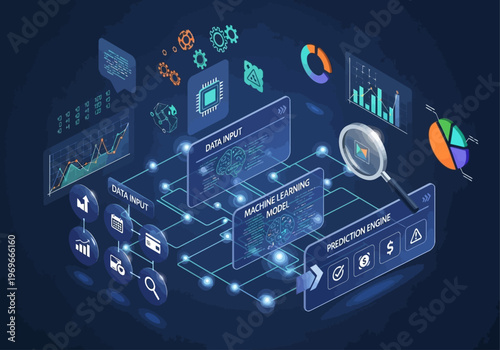 The futuristic interface displays various charts and graphs on screens with a magnifying glass hovering above.