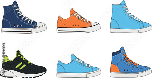 Flat Vector Collection of Colorful Sneakers with High-Top and Low-Top Designs for Casual, Sports, and Street Fashion Projects