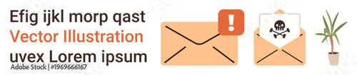 Email security, cybersecurity, phishing, malware alerts, secure communication, spam detection. Two envelopes, one marked with a warning and a skull icon. Email security and cybersecurity concepts