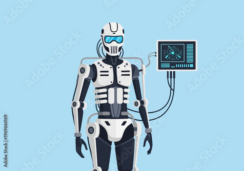 A futuristic robot stands with a control panel on its right side