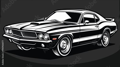 Classic car design on a black background showing a vintage muscle car from the 1970s with a detailed view of the body and wheels