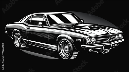 Classic black muscle car driving on a street in bright sunlight with shiny wheels