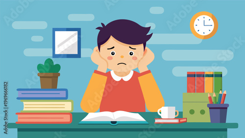 Student feels stressed while studying at desk with books and plants, time shown on clock in background during daytime