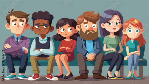 Group of people sitting on a bench with different expressions in a waiting area during the day