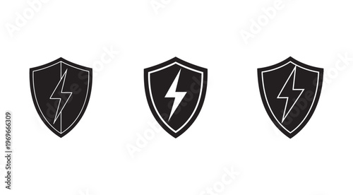 Set of black shield icons with white lightning bolt  security and protection symbols  various shield shapes  lightning strike emblems