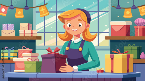 Gift wrapping activity in a bright shop with a cheerful person preparing presents for the holiday season