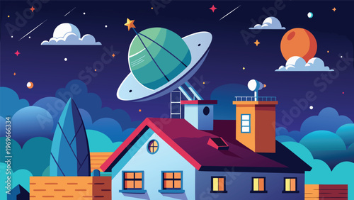 Child's drawing of a house with a satellite dish and planets in the night sky with stars and clouds