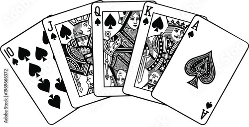 Royal Flush Playing Cards Silhouette Set Featuring Ace King Queen Jack and Ten of Spades for Casino Gambling and Poker Concepts
