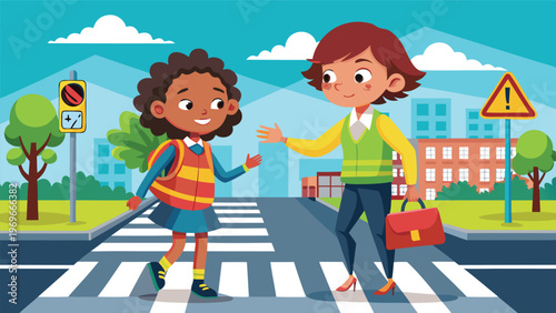 School crossing with a girl and an adult in a city scene during daytime