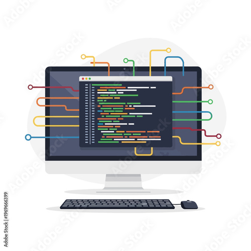 Computer screen displaying colorful code with connecting lines, symbolizing programming and technology