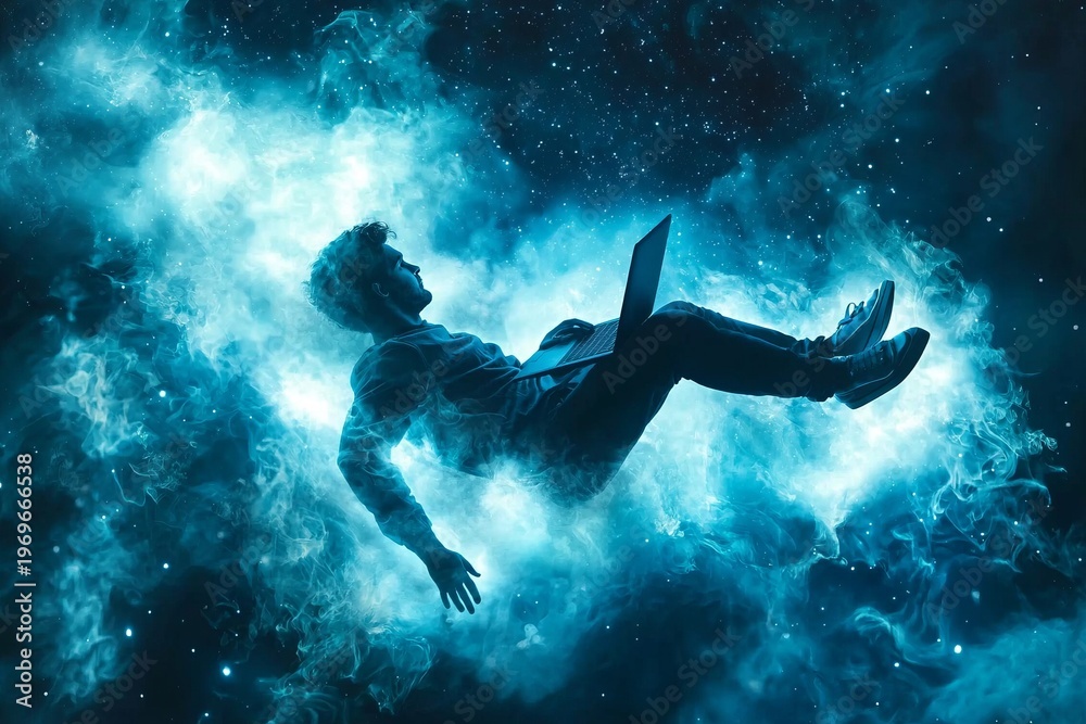 Fototapeta premium This imaginative artwork features a young man floating amidst vibrant cosmic lights, representing the limitless imagination and creative potential of the human experience in an artistic style.