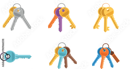 Flat Vector Collection of Keychains with Multiple Keys in Various Colors and Shapes for Security, Home, and Organization Design Projects