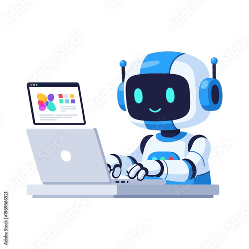 Cute robot working on a laptop, coding and developing software, AI technology concept