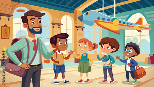 Students learn about flight inside a museum with a teacher guiding them as they explore exhibits during a school field trip