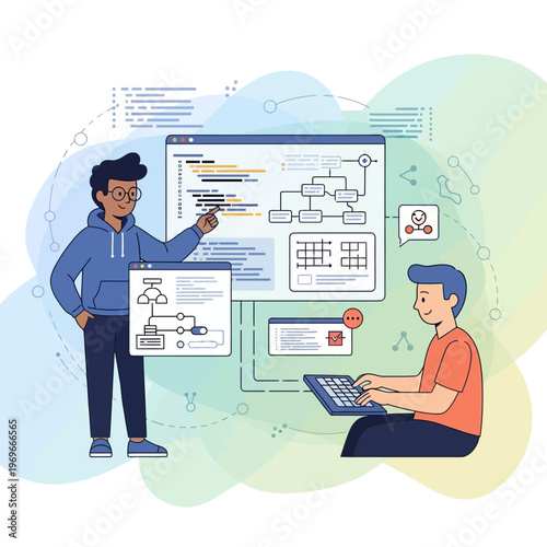 Software developers collaborating on code and diagrams, teamwork in tech, programming concept
