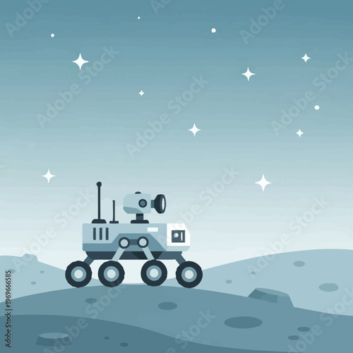 Space rover exploring alien planet surface under starry sky