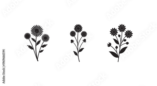 Set of black silhouettes of flowers and leaves on white background  floral icons