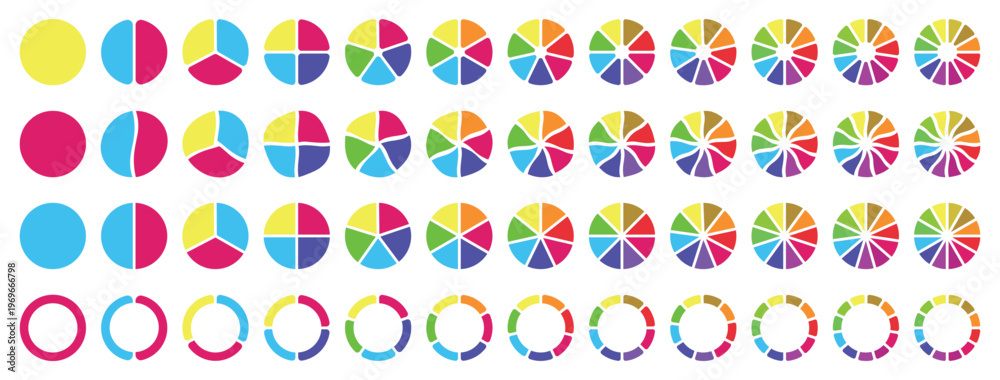 Obraz premium Pie chart set. Colorful diagram collection with 1,2,3,4,5,6,7,8,9,10,11,12 sections or steps. Circle icons for infographic, UI, web design, business presentation. Vector illustration.