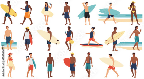Large set of diverse male and female surfer characters in various poses holding surfboards on a sunny tropical beach.