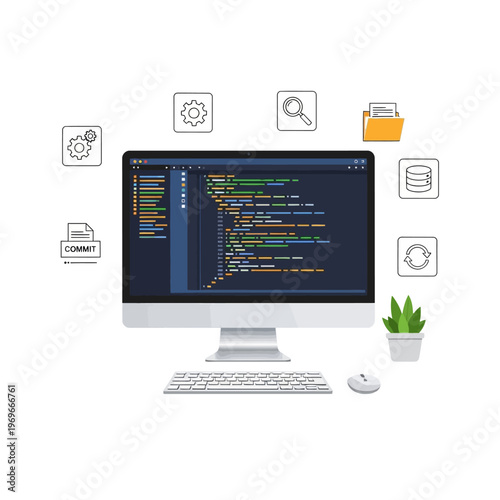 Computer with code, icons for programming, development, and data management
